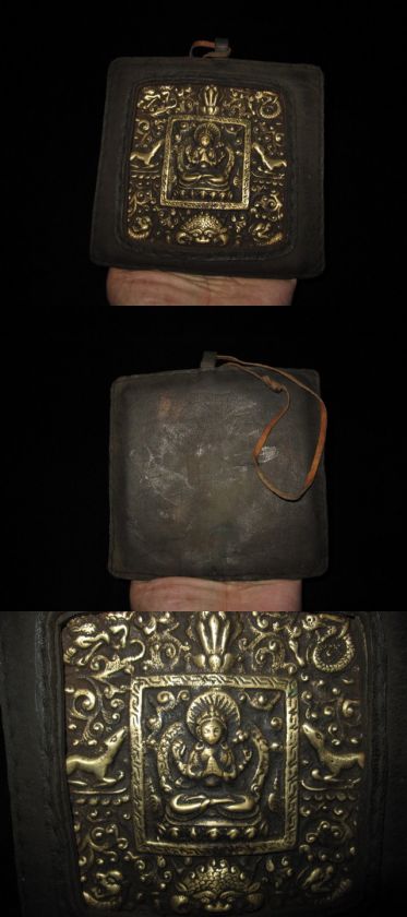 Old Nepal Tibet Yak Leather Gilt Chenrezig Buddha Ghau  