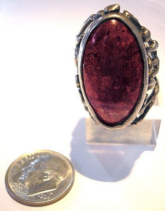 ESTATE RING BURGUNDY CRAZY LACE AGATE STERLING 10.8gr  