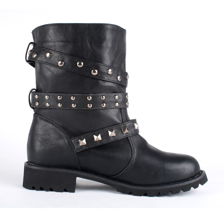   Punk Studs Buckle Strap Round Toe Motorcycle Riding Boots Shoes  