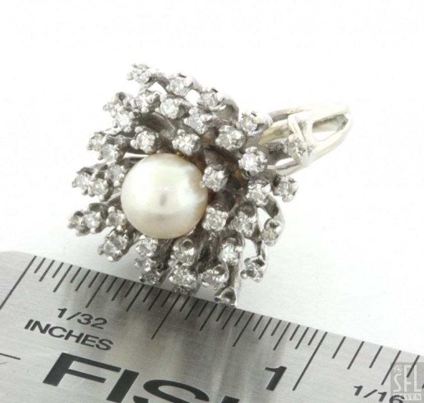 VINTAGE 14K WHITE GOLD 1.0CT VS DIAMOND/7mm PEARL BALLERINA COCKTAIL 