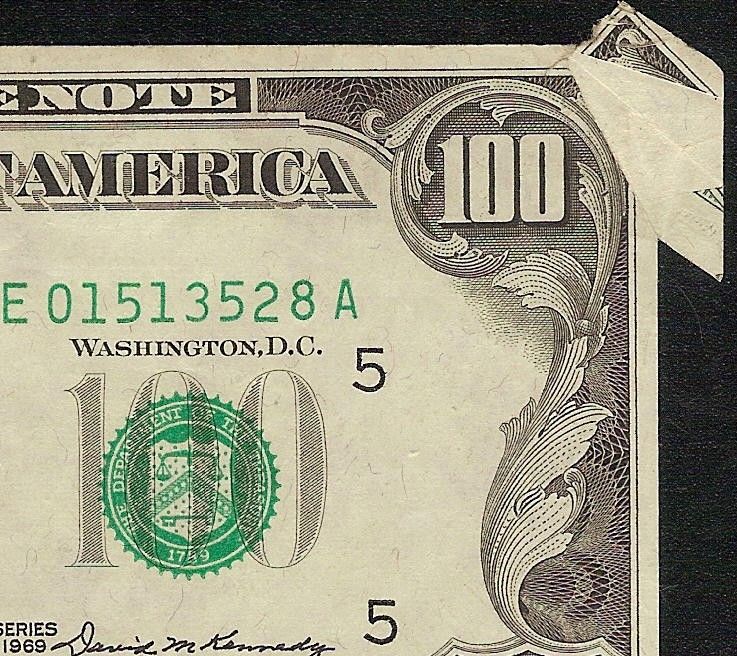 AU 1969 $100 DOLLAR BILL BUTTERFLY GUTTER FOLD ERROR FED RES NOTE Fr 