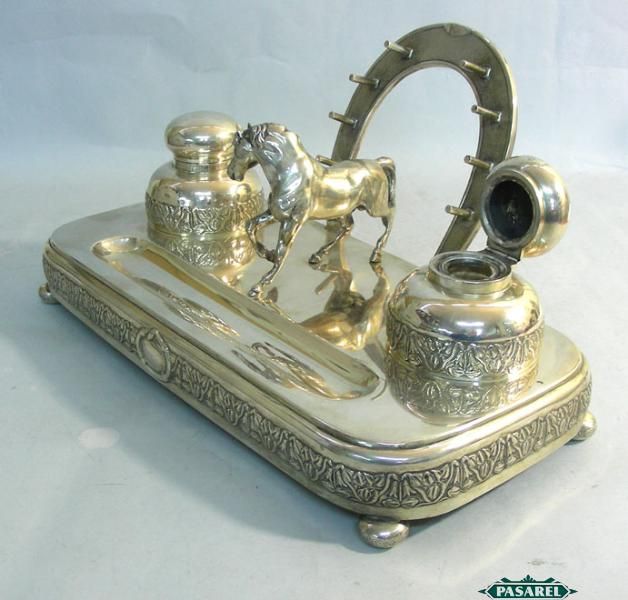 Fine Swedish Silver Equestrian 2 Bottle Horse Inkwell Inkstand C.G 