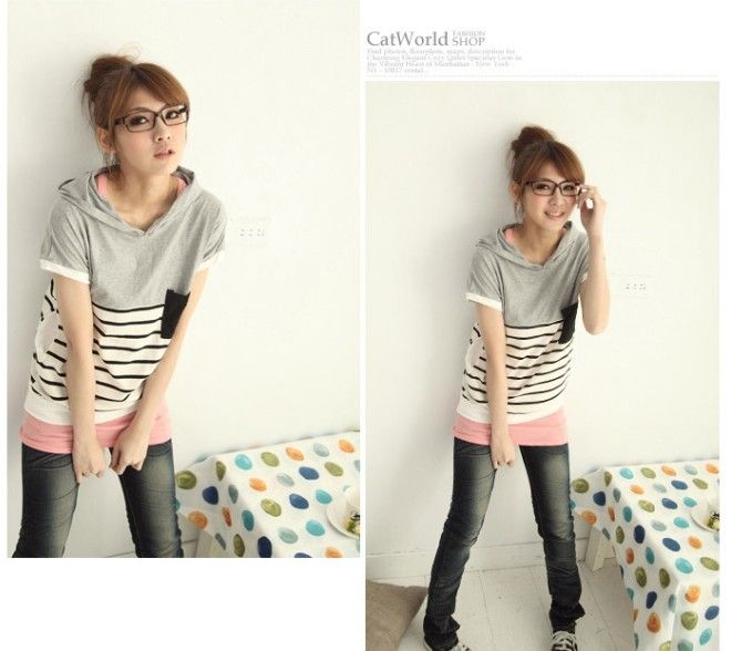 T1476 Stripe Mix Color Hoodie Black Pocket Top T Shirt  