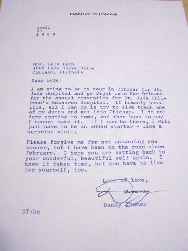 Signed Autographed DANNY THOMAS Letter 1969  