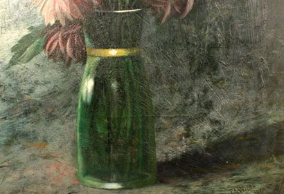 ANTIQUE OIL PAINTING CHRYSANTHEMUM MUM FLOWERS STILL LIFE SIGNED J.A 