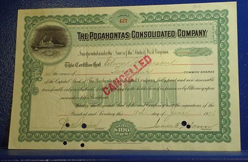 1906 POCAHONTAS CONSOLIDATED Stock Certificate  