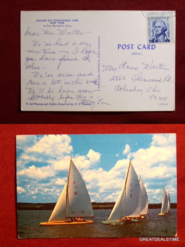 SAILBOAT ON Chautauqua Lake New York NY Old Photo View STAMP PC 