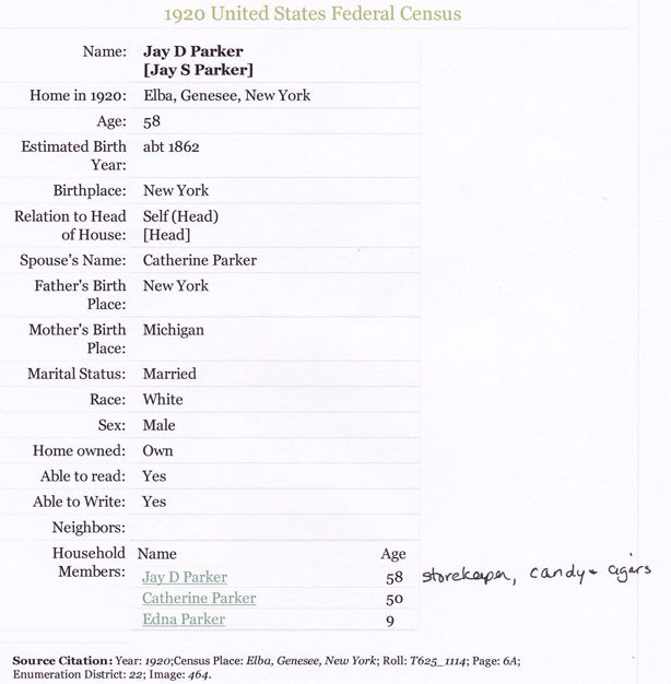 See also the 1920 Census record for Jay Parker, living in Elba, NY