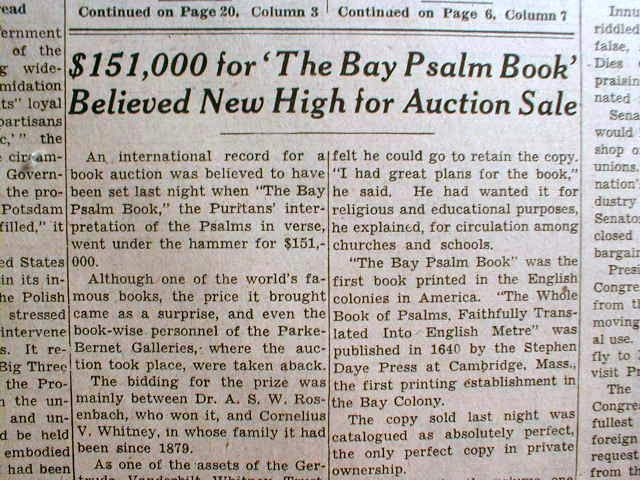 1947 NY Times newspaper 1640 BAY PSALM BOOK sold ROSENBACH   new 