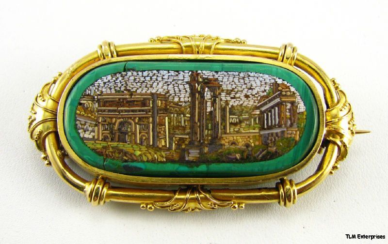 Antique Roman Ruins MICRO MOSAIC Brooch   22K Gold Italy Italian 