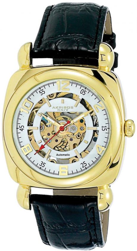 Akribos XXIV AK479YG Skeleton Automatic Square Strap Mens Watch  