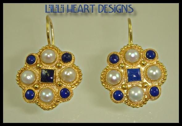 LAPIS AND PEARL EARRINGS 24K GOLD OVER STERLING SILVER  