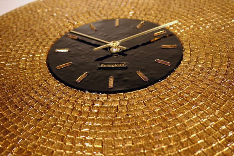 BNIB Brand New In Box Fused GOLD mosaic ART GLASS Wall Clock ART DECO 