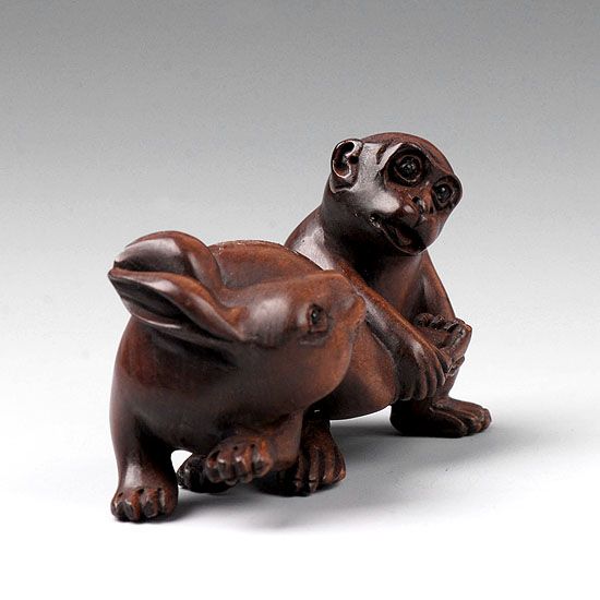 Carved Boxwood Netsuke Wood Carving Monkey Pull Rabbit  