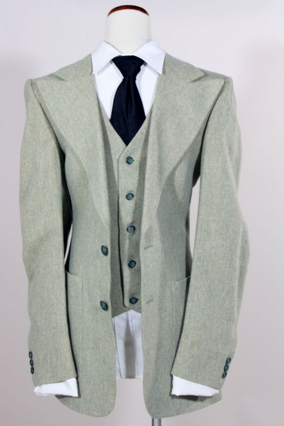 Vintage MOD Olive Green Flannel Wool 3 Piece Suit 34 R  