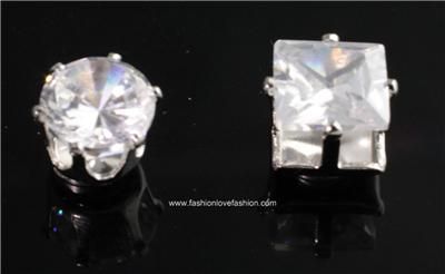 PAIR CZ CLEAR SQUARE/ROUND MAGNETIC STUDS EARRINGS  