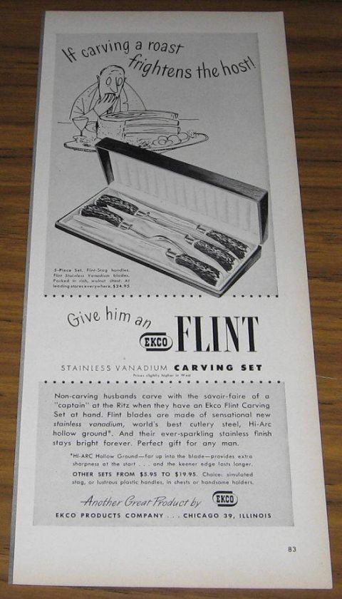 1948 VINTAGE AD~ECKO FLINT STAINLESS VANADIUM CARVING SET  