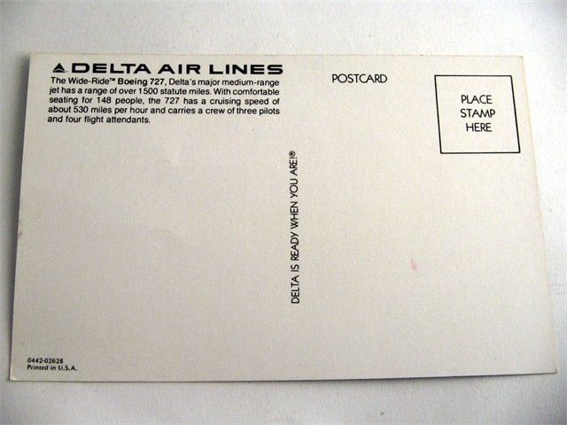 Delta Air Lines Boeing 727 Airplane Postcard  