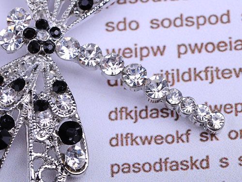 Mod Black White Crystal Rhinestone Filigree Fly Wing Dragonfly Insect 