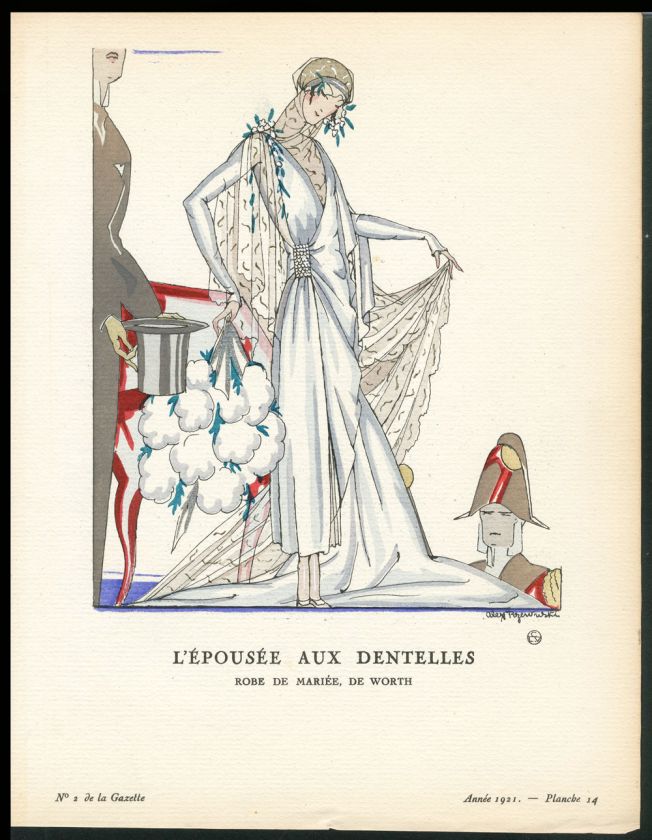 1921 BON TON GAZETTE ART NOUVEAU POCHOIR WEDDING DRESS  