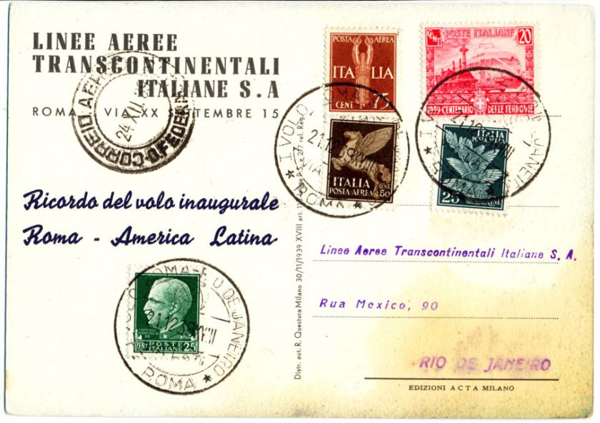 1939 LATI LINEE AEREE ROMA RIO DE JANEIRO GABBIANO VOLO  