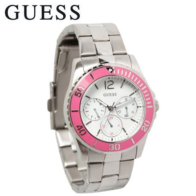 GUESS CHRONOGRAPH STANLESS STEEL PINK BEZEL WATCH U10598L2 NEW  