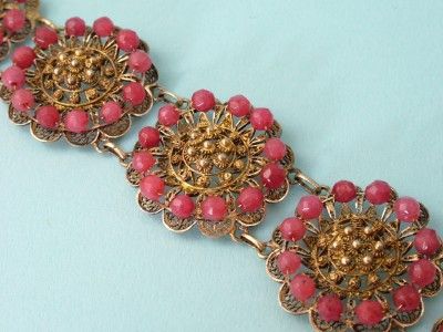 ANTIQUE 1940S CONTINENTAL SILVER & RUBY, FILIGREE BRACELET  