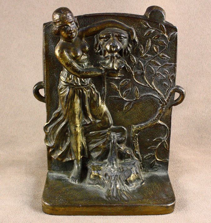 ANTIQUE ART DECO PIN UP CAST IRON BOOKENDS GYPSY GIRL GETTING WINE 