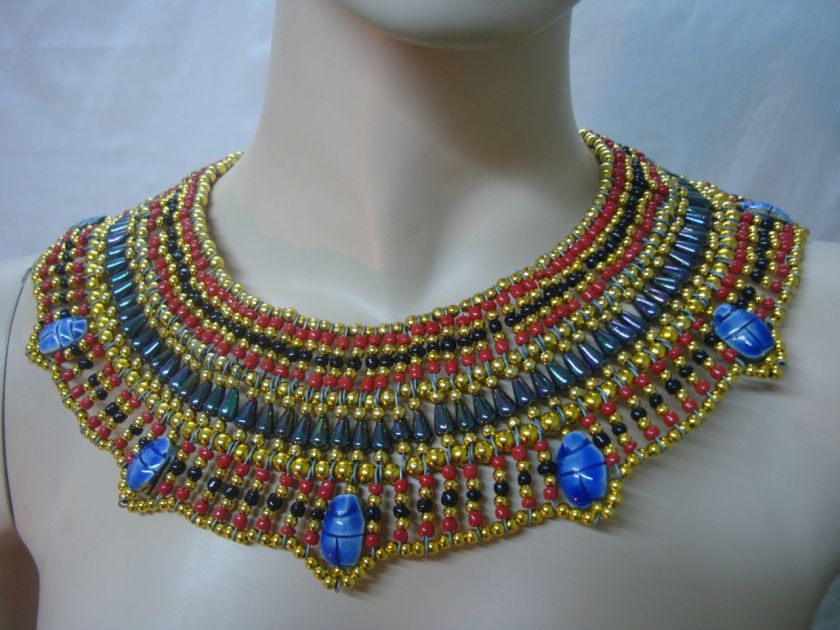 Lrg Egyptian Queen Cleopatra Necklace 7Scarab Christmas  