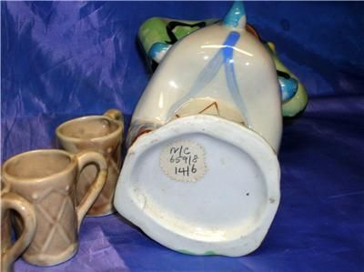 Vintage Novelty Ceramic Figurine Decanter & 4 Cups  