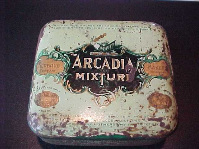 VINTAGE ARCADIA MIXTURE TOBACCO TIN SURBRUG CO. RARE  