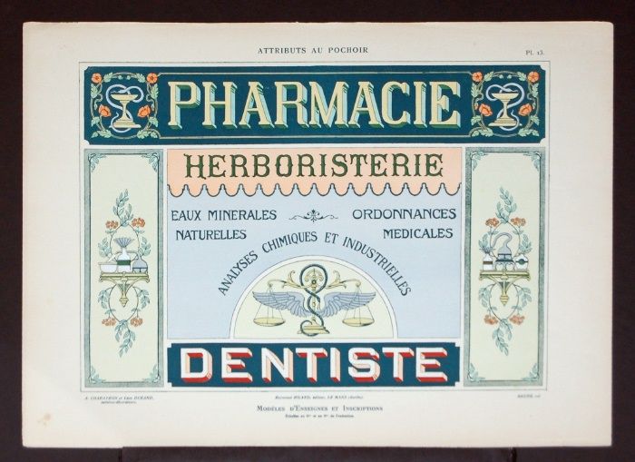 c1899 FRENCH RARE Pochoir ~ PHARMACY, DENTIST, HERBAL  