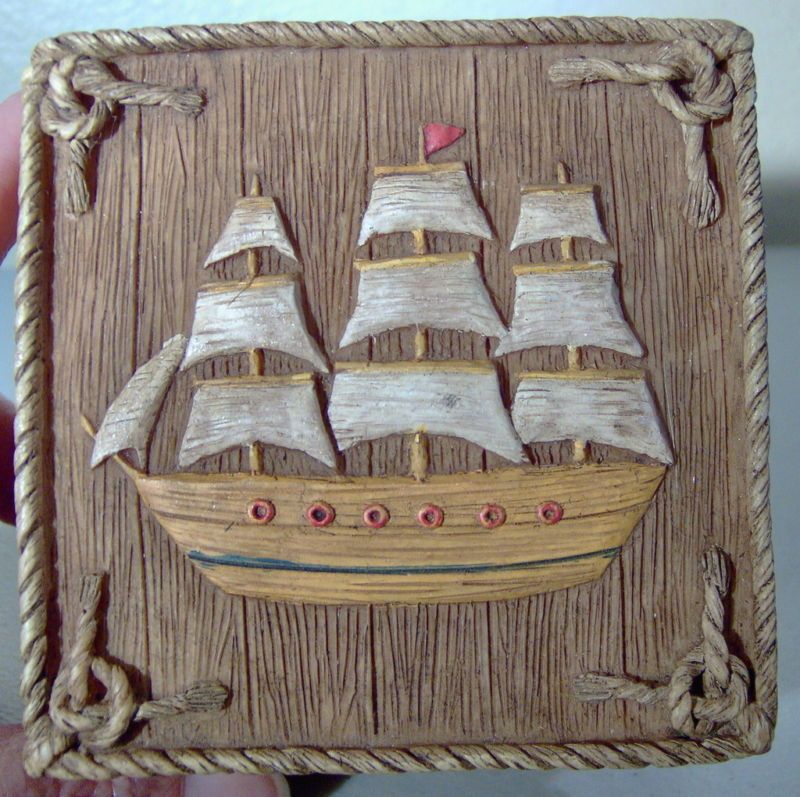 Dezine Hand Painted Nautical Trinket Box Sailing Ship  