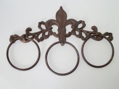 Cast Iron Bronze Fleur De Lis 3 Ring Bath Towel Holder Rack  