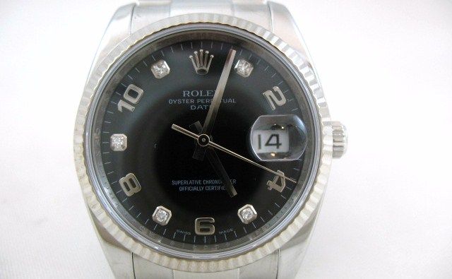 ROLEX SS & 18K DATE BLACK DIAMOND DIAL #115234  