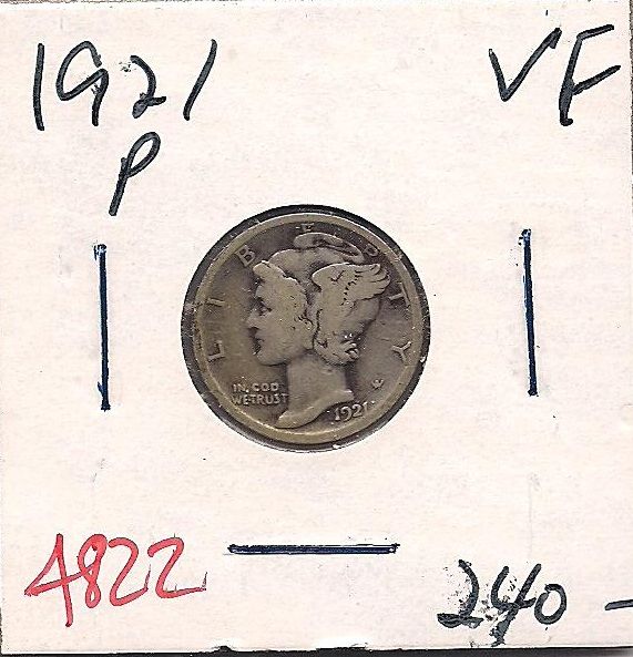 1921 Mercury Dime Ten Cent Very Fine A822  