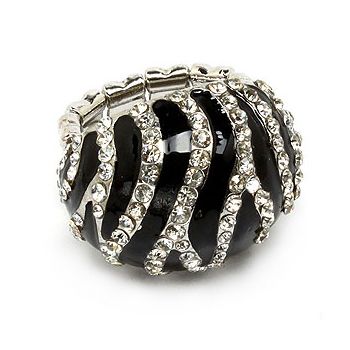 Zebra Animal Print Clear Crystal Black Enamel Stretch Adjustable 