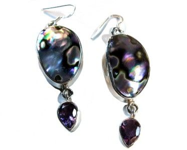 FACETED AMETHYST ABOLONE SHELL SS DANGLE EARRINGS 2 1/2  