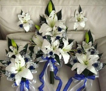 WEDDING BOUQUET SET, REAL TOUCH LILY ROYAL BLUE ROSE  