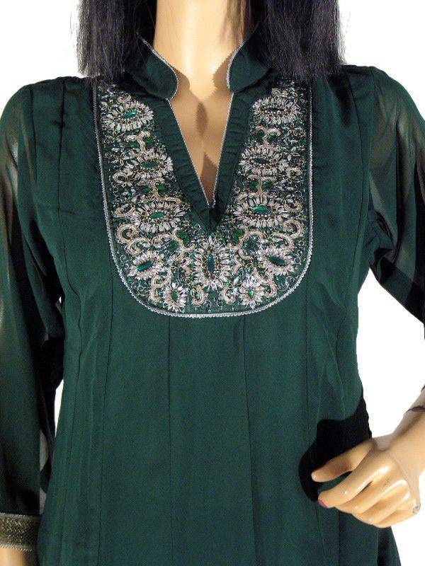 Green Fashion Long Sleeve Beaded Dressy Tunic Kurti S  