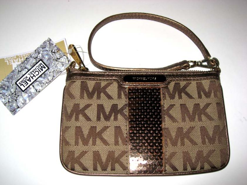   KORS GIFTABLE LOGO SEQUIN STRIPE MEDIUM WRISTLET SUNTAN~ NEW  