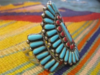 VTG Pawn Navajo Zuni Turquoise Coral Sterling Silver HUGE Signed Cuff 