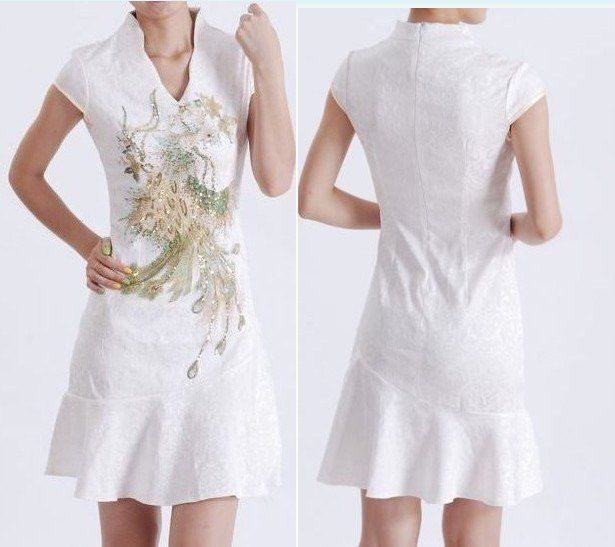 New White Womens Mini Cheong sam Cotton Embroidery Evening Dress S M 