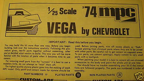 Vintage InstructionsMPC 1974 Vega by Chevrolet  