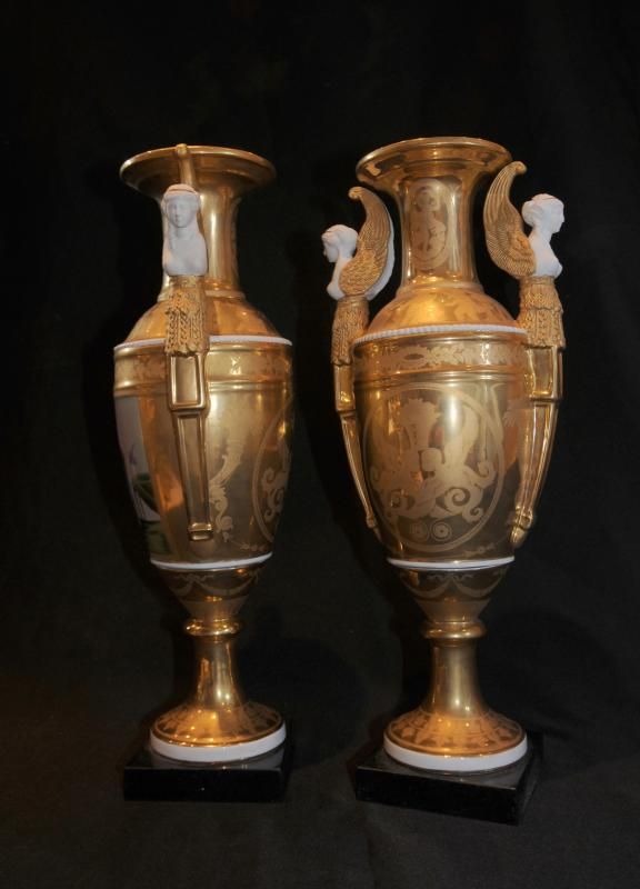 French Sevres Bisque Griffin Porcelain Urns Vases  