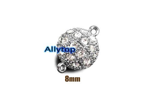 Silver Plated 8mm Open Crystal Ball Magnetic Clasp 3pcs  