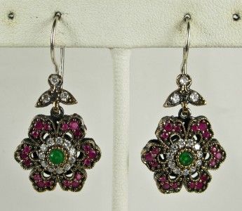 Art Deco 1.54ctw Emerald, Ruby & White Sapphire Rose Gold/925 Earrings 