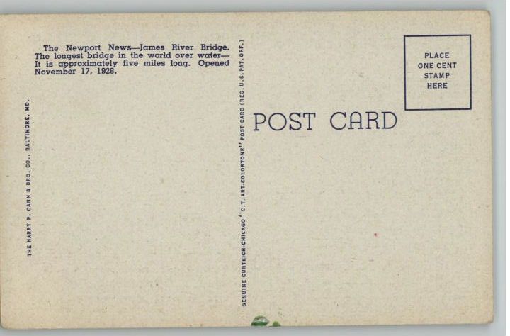 Linen PostcardJames River Bridge at NightNewport News,VirginiaVA