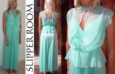 VTG 70S MOD GLAM AQUA CHIFFON HOSTESS DRESS GOWN 3