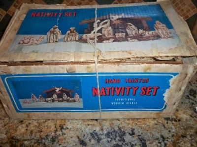 VTG Paper Mache Nativity 13 pc & Wood Stable Japan  